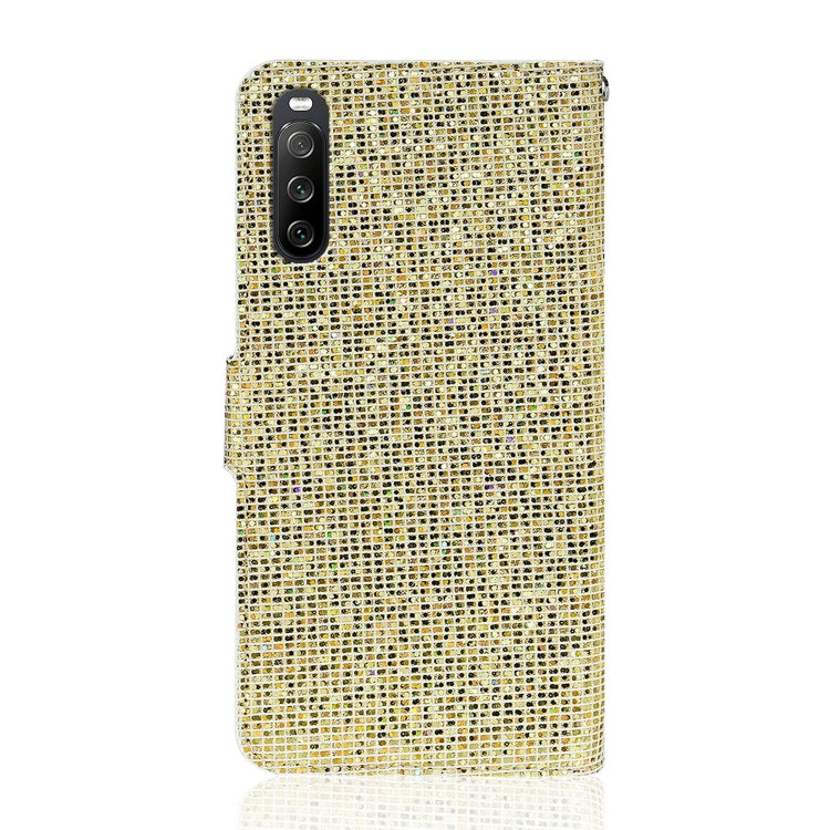 Para Sony Xperia 10 III Glitter Powder Horizontal Flip Funda de cuero con ranuras y soporte para tarjeta y cordón (oro)