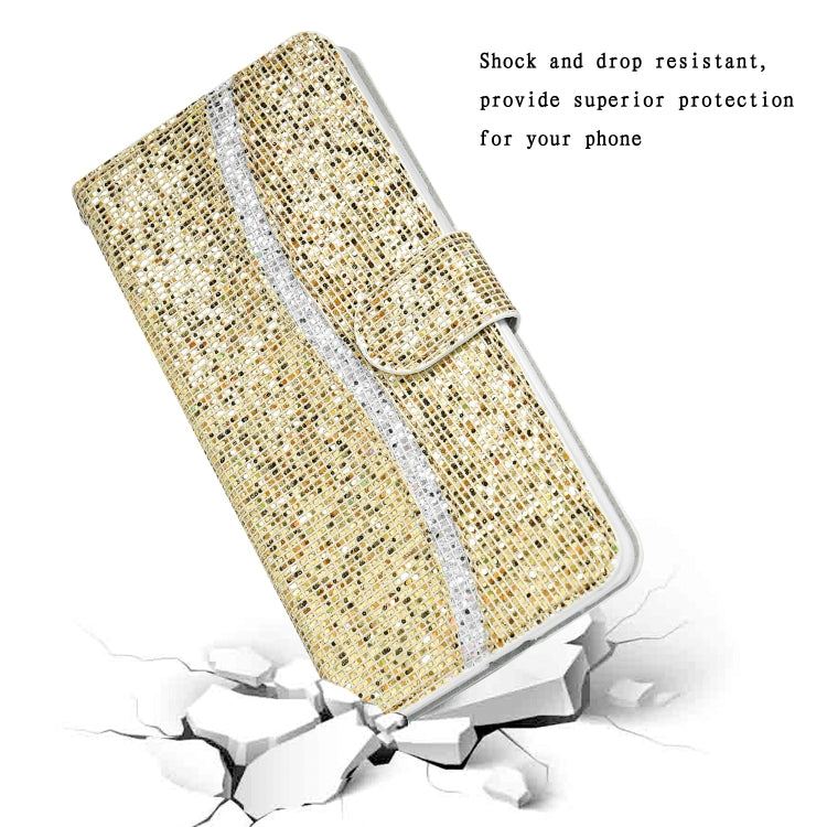 Para Sony Xperia 10 III Glitter Powder Horizontal Flip Funda de cuero con ranuras y soporte para tarjeta y cordón (oro)