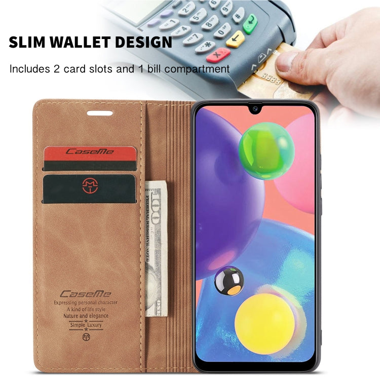 Estuche de cuero Caseme-013 para Galaxy A70S con tapa horizontal multifuncional ranura para tarjeta soporte y billetera (Marrón)