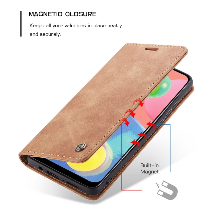 Estuche de cuero Caseme-013 para Galaxy A70S con tapa horizontal multifuncional ranura para tarjeta soporte y billetera (Marrón)