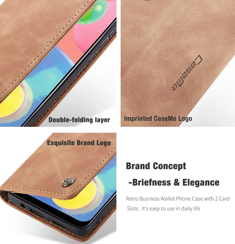 Estuche de cuero Caseme-013 para Galaxy A70S con tapa horizontal multifuncional ranura para tarjeta soporte y billetera (Marrón)