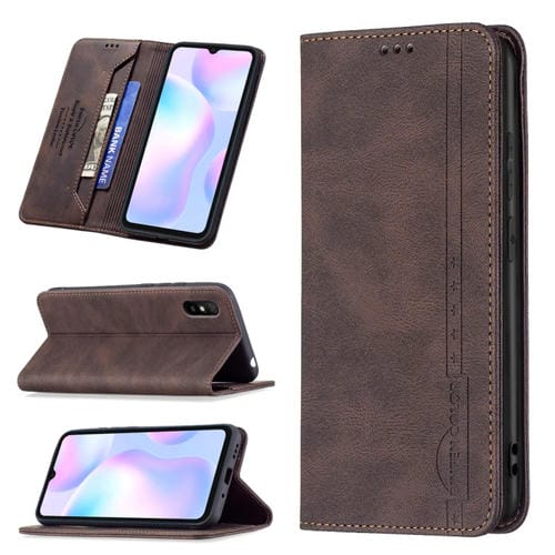 Para Xiaomi Redmi 9A Bloqueo de RFID Magnético Bloqueo de cuero antirrobo con soporte y ranuras para tarjetas y billetera (marrón)
