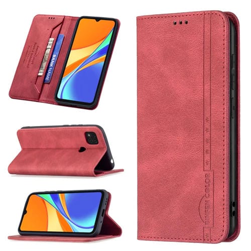 Para Xiaomi Redmi 9c / POCO C31 Bloqueo de RFID Magnetic Blocking Funda de cuero antirrobo con soporte y ranuras para tarjetas y billetera (rojo)