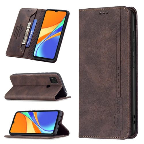 Para Xiaomi Redmi 9C / POCO C31 Bloqueo de RFID magnético, estuche de cuero antirrobo con soporte y ranuras para tarjetas y billetera (marrón)