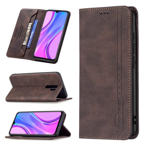 Para Xiaomi Redmi 9 Bloqueo de RFID Magnetic RFID Funda de cuero antirrobo con soporte y ranuras para tarjetas y billetera (Marrón)
