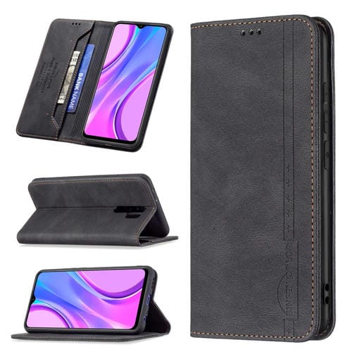 Para Xiaomi Redmi 9 Bloqueo de RFID Magnetic Blocking Funda de cuero antirrobo con soporte y ranuras para tarjeta y billetera (Negro)