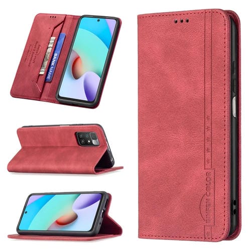 Para Xiaomi Redmi 10 Bloqueo de RFID magnético Bloqueo de cuero antirrobo con soporte y ranuras para tarjetas y billetera (rojo)