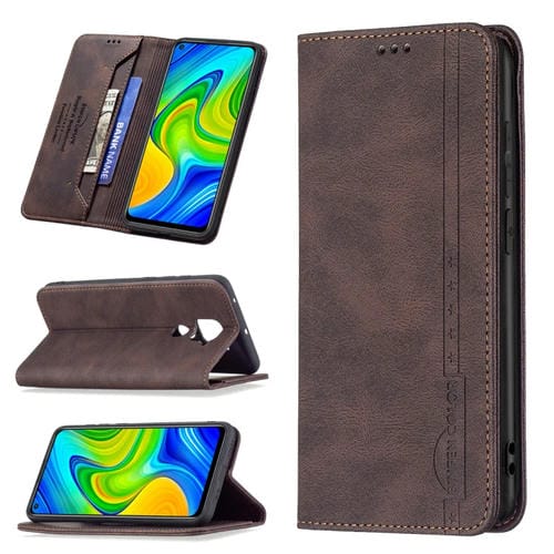 Para Xiaomi Redmi Note 9 / Redmi 10x 4g Bloqueo de RFID magnético Bloqueo de cuero antirrobo con soporte y ranuras para tarjeta y billetera (marrón)