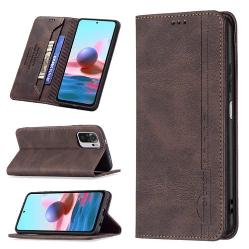 Para Xiaomi Redmi Note 10 4G / Nota 10S Funda de cuero antirrobo de bloqueo de RFID magnético con soporte y tragamonedas y billetera (marrón)