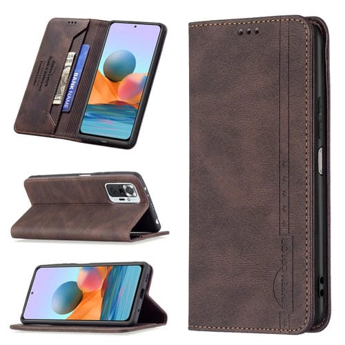 Para Xiaomi Redmi Note 10 Pro / Note 10 Pro Max Magnetic RFID Bloqueo de RFID Funda de cuero antirrobo con soporte y ranuras para tarjeta y billetera (marrón)