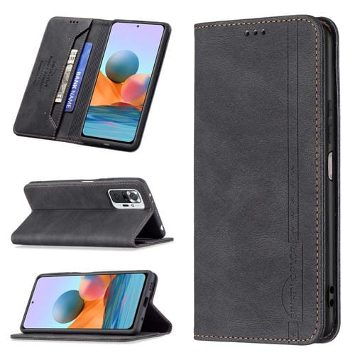 Para Xiaomi Redmi Note 10 Pro / Note 10 Pro Max Magnetic RFID Bloqueo de RFID Funda de cuero antirrobo con soporte y ranuras para tarjeta y billetera (Negro)
