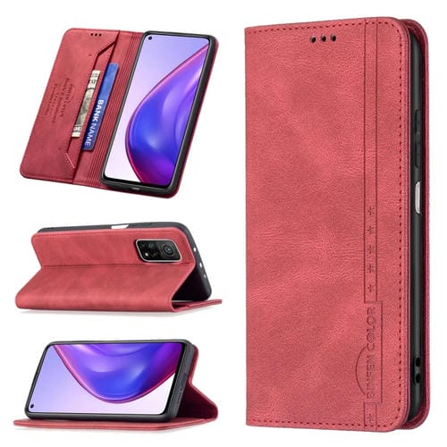 Para Xiaomi MI 10T 5G / 10T PRO 5G / REDMI 30S Bloqueo de RFID magnético de bloqueo antirrobo con soporte y ranuras para tarjetas y billetera (rojo)