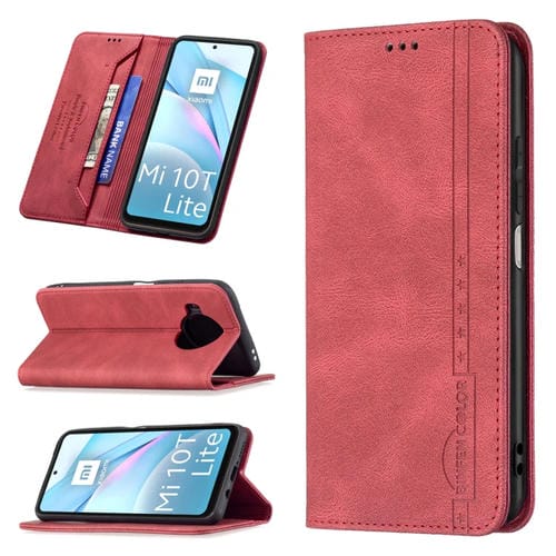 Para Xiaomi MI 10T Lite 5G Magnético RFID bloqueo de cuero antirrobo con soporte y ranuras para tarjeta y billetera (rojo)