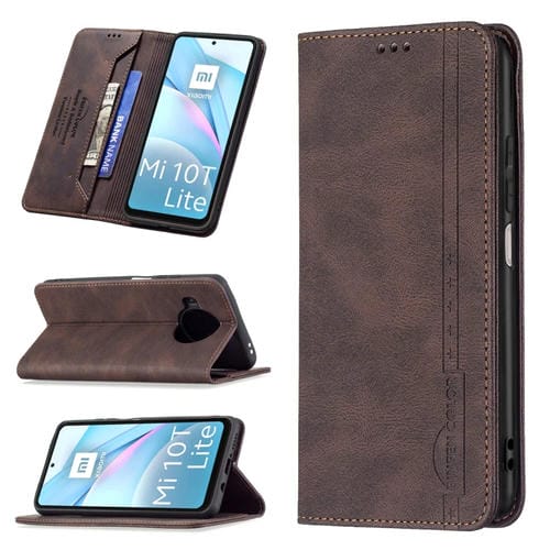 Para Xiaomi MI 10T Lite 5G RFID Magnético Bloqueo de RFID Funda de cuero antirrobo con soporte y tragamonedas y billetera (marrón)