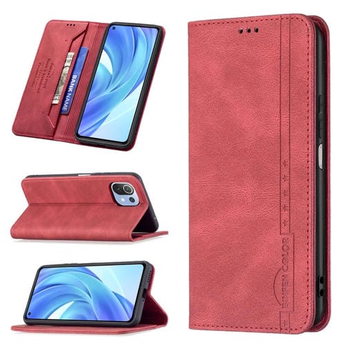 Para Xiaomi MI 11 LITE Magnético RFID bloqueo de cuero antirrobo con soporte y ranuras para tarjetas y billetera (rojo)