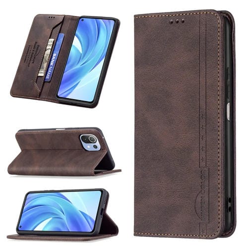 Para XIAOMI MI 11 LITE BLOQUEO RFID Magnético Funda de cuero antirrobo con soporte y ranuras para tarjetas y billetera (Marrón)