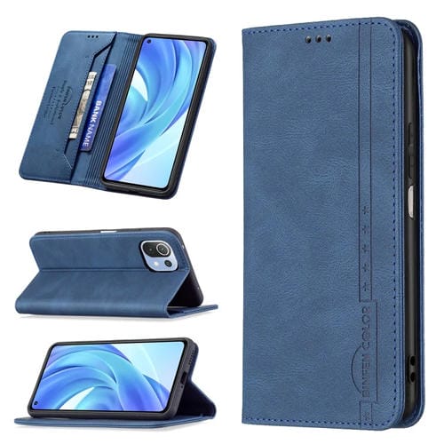 Para Xiaomi MI 11 Lite Magnético RFID Bloqueo de cuero antirrobo, con soporte y ranuras para tarjetas y billetera (azul)