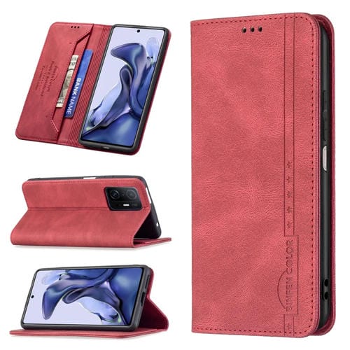 Para Xiaomi 11T / 11T Pro Magnetic RFID Bloqueo de cuero antirrobo, con soporte y ranuras para tarjeta y billetera (rojo)