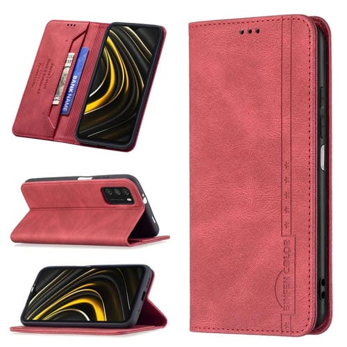 Para Xiaomi Poco M3 / Redmi Note 9 4G CN VERSIÓN MAGNÉTICA RFID Bloqueo de la caja antirrobo con soporte y ranuras de tarjetas y billetera (rojo)