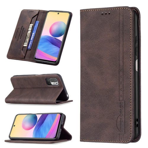 Para Xiaomi Poco M3 PRO / REDMI Nota 10 5G / Nota 10T 5G Funda de cuero antirrobo de bloqueo de RFID magnético con soporte y ranuras para tarjetas (marrón)