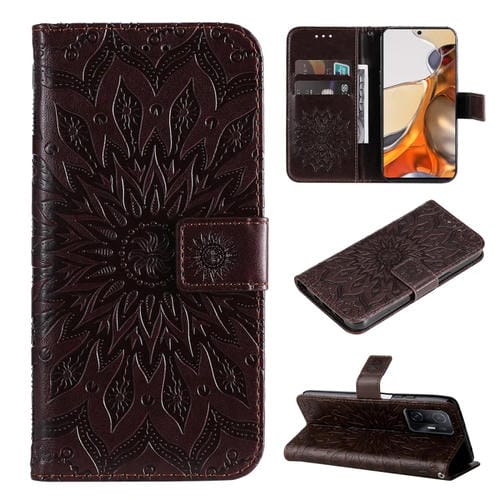 Para Xiaomi 11T / 11T PROPLIZADO PRO PULSADO Patrón de girasol Horizontal Flip PU Funda de cuero con soporte y tragamonedas y billetera y cordón (marrón)
