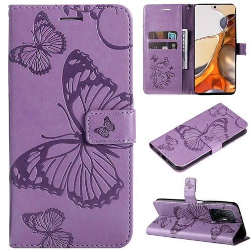 Para Xiaomi MI 11T / 11T PROTECTOR PATERIO DE MARIPOS DE PULLIMIENTO HORIZONTAL FLIP PU Funda de cuero con soporte y ranuras para tarjetas y cordones y cordones (púrpura)