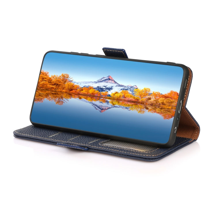 Caja de Teléfono Samsung Galaxy A22 4G Khazneh Cuero Genuino Litchi Magnético (Azul)