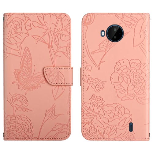 Funda de Cuero En Relieve para Nokia C20 Plus Skin Sheet Peonía Mariposa (Rosa)