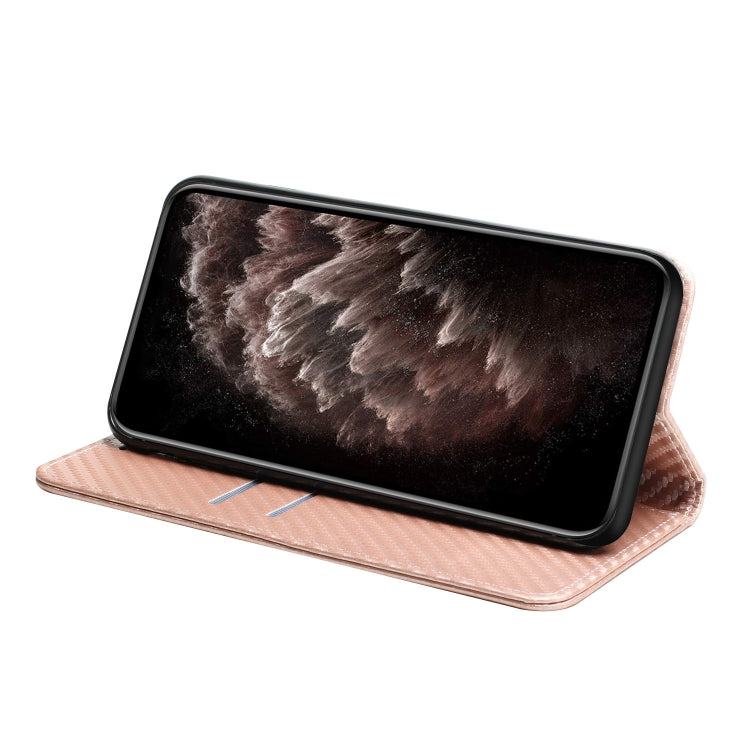Para Samsung Galaxy A13 5G Fibra de carbono Textura Soporte de titular de cuero Caja de teléfono (oro rosa)