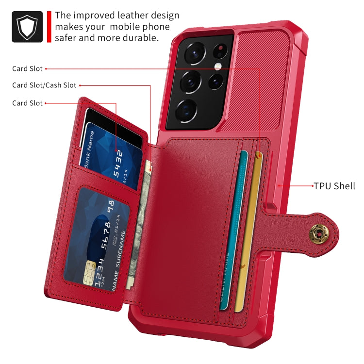 Para Samsung Galaxy S21 Ultra 5G Magnético Bolsa de Tarjeta Magnética Funda telefónica de cuero (rojo)