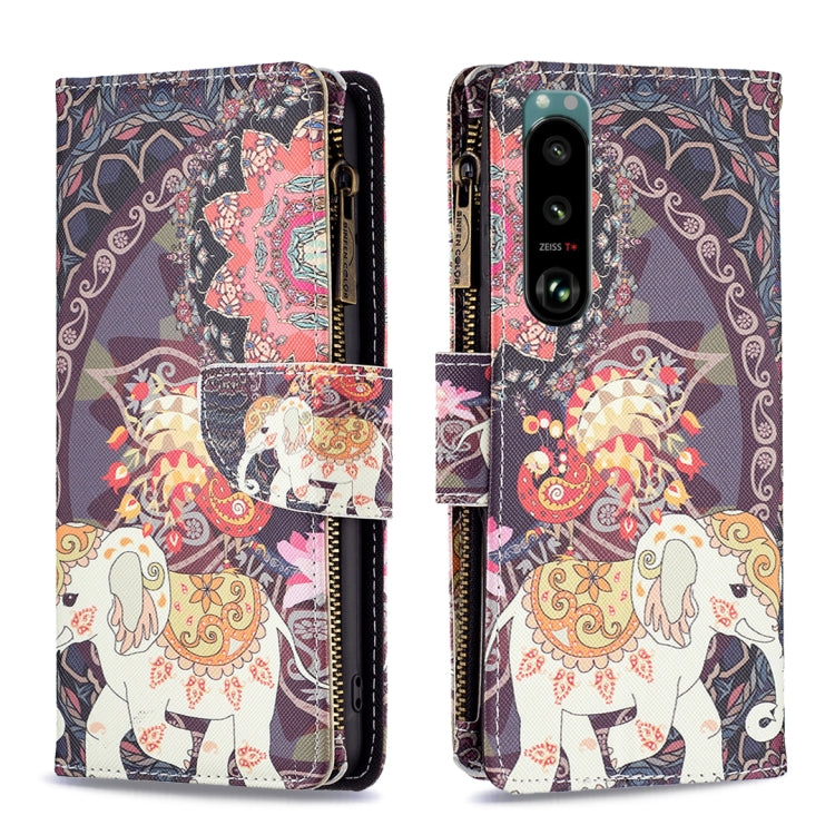 Para Sony Xperia 5 III Patrón de dibujo de color cremallera Horizontal Flip Telephone Case de cuero (elefantes de flores)