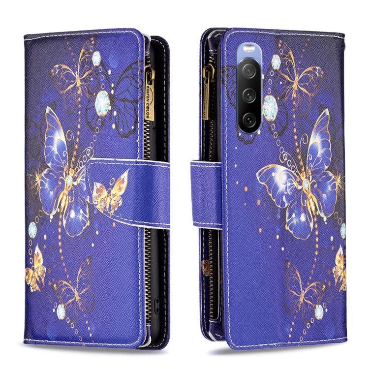Para Sony Xperia 10 III Patrón de dibujo de color cremallera Caja de cuero de teléfono horizontal de voltaje (mariposa morada)