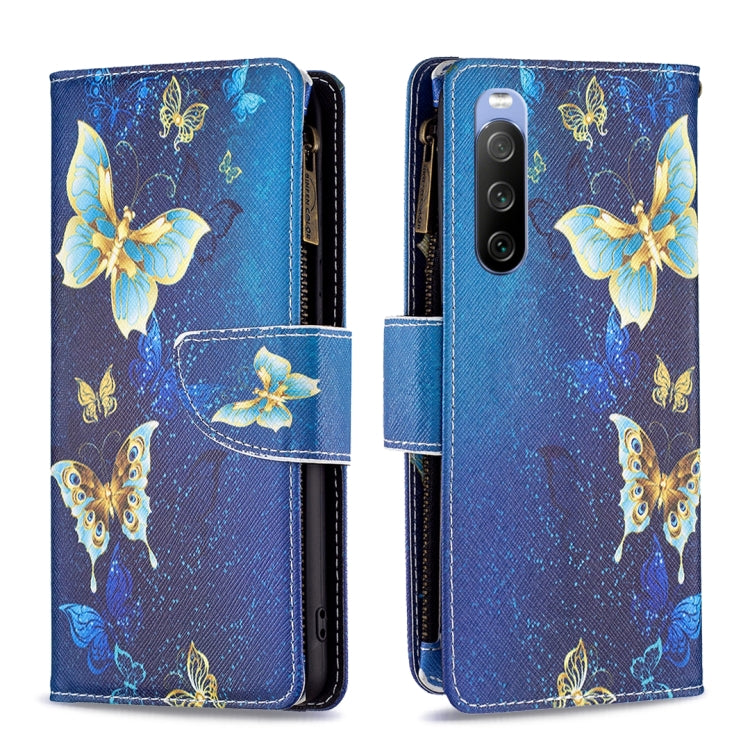 Para Sony Xperia 10 III Patrón de dibujo de color cremallera Caja de cuero de teléfono horizontal de voltaje (mariposa dorada)
