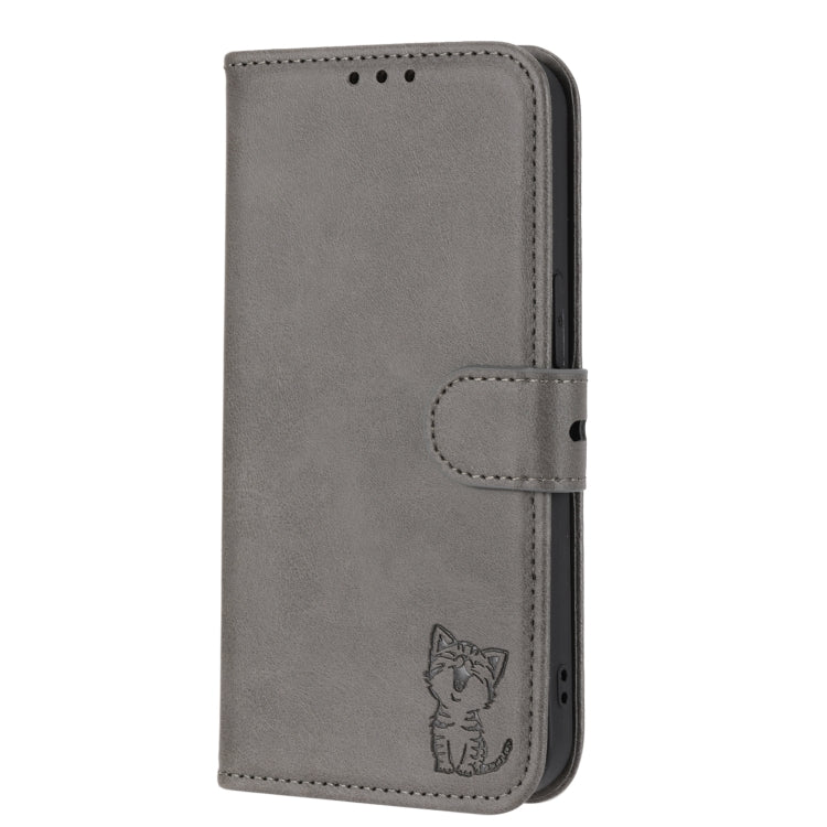 Estuche de Cuero para Sony Xperia 1 IV con Patrón de Gato Feliz Estampado (Gris)