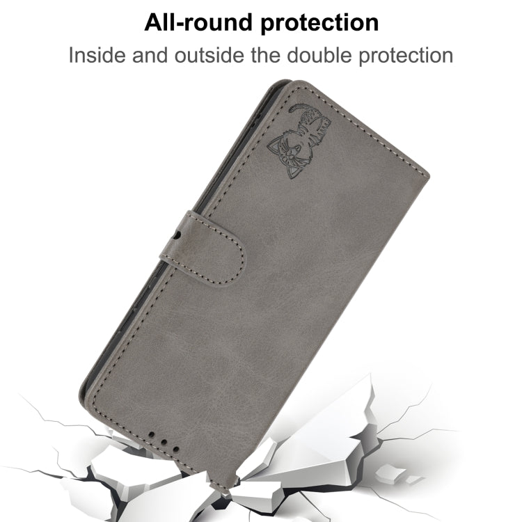 Estuche de Cuero para Sony Xperia 1 IV con Patrón de Gato Feliz Estampado (Gris)
