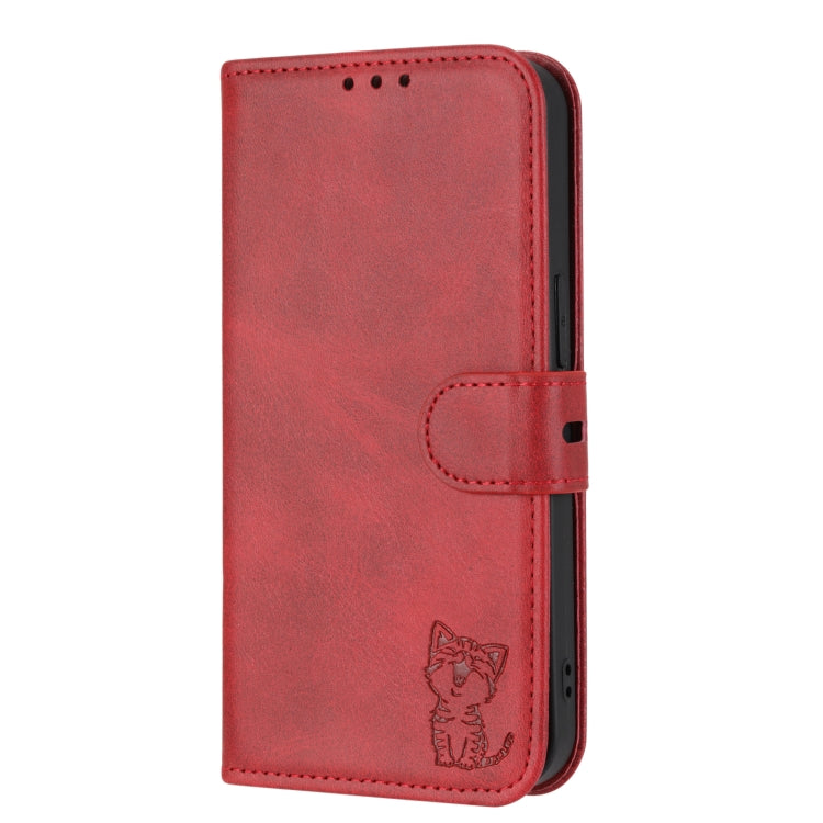 Estuche de Cuero para Sony Xperia 1 IV con Patrón de Gato Feliz (Rojo)