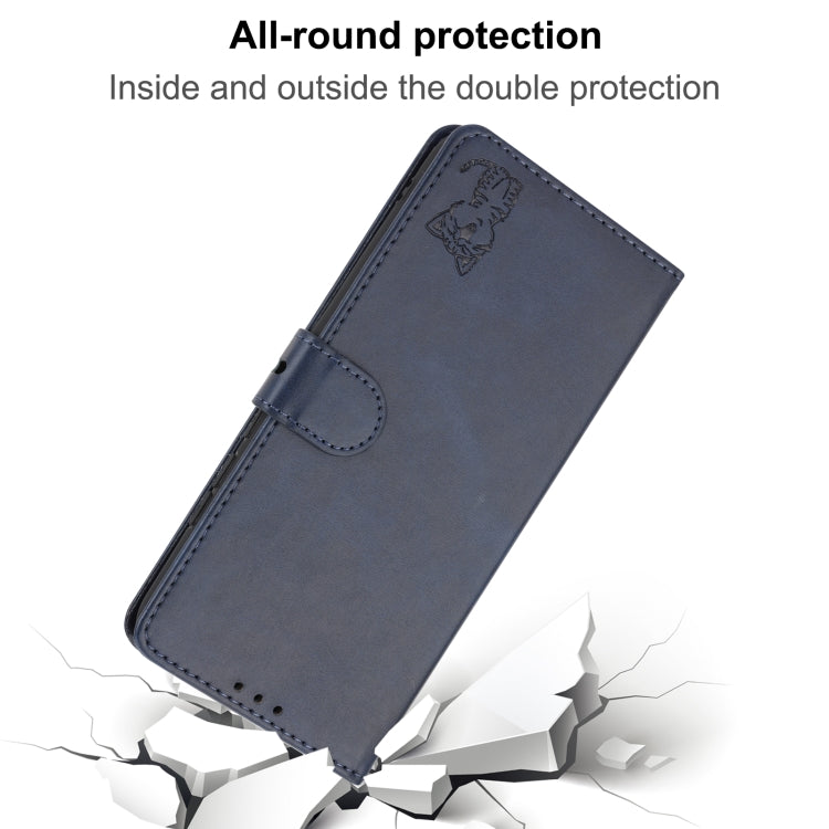 Estuche de Cuero para Sony Xperia 10 IV con Patrón de Gato Feliz en Relieve (Azul)
