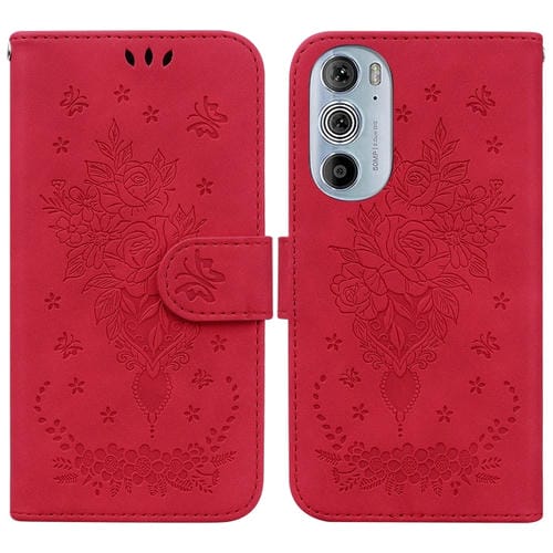 Para Motorola Edge+ 2022 / Edge 30 Pro Butterfly Rose Rose Foothip en relieve de cuero (rojo)