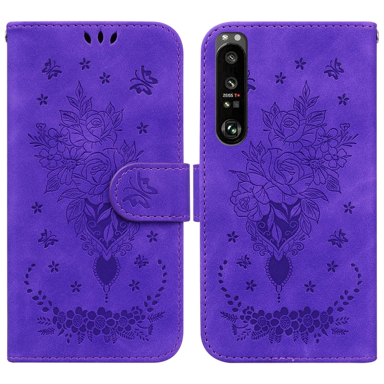 Para Sony Xperia 1 III Butterfly Rose Rossed Leather Case (púrpura)
