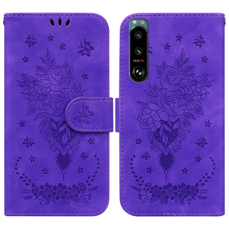 Para Sony Xperia 5 III Butterfly Rose Rossed Leather Case (púrpura)