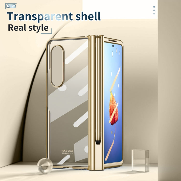 Para Samsung Galaxy Z Fold4 Estuche para teléfono con bisagra de galvanoplastia integrada de cuerpo completo con ranura para bolígrafo (Oro)