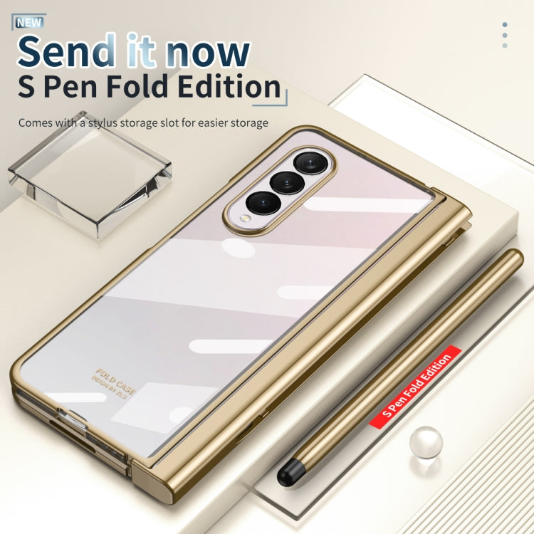 Para Samsung Galaxy Z Fold4 Estuche para teléfono con bisagra de galvanoplastia integrada de cuerpo completo con ranura para bolígrafo (Oro)