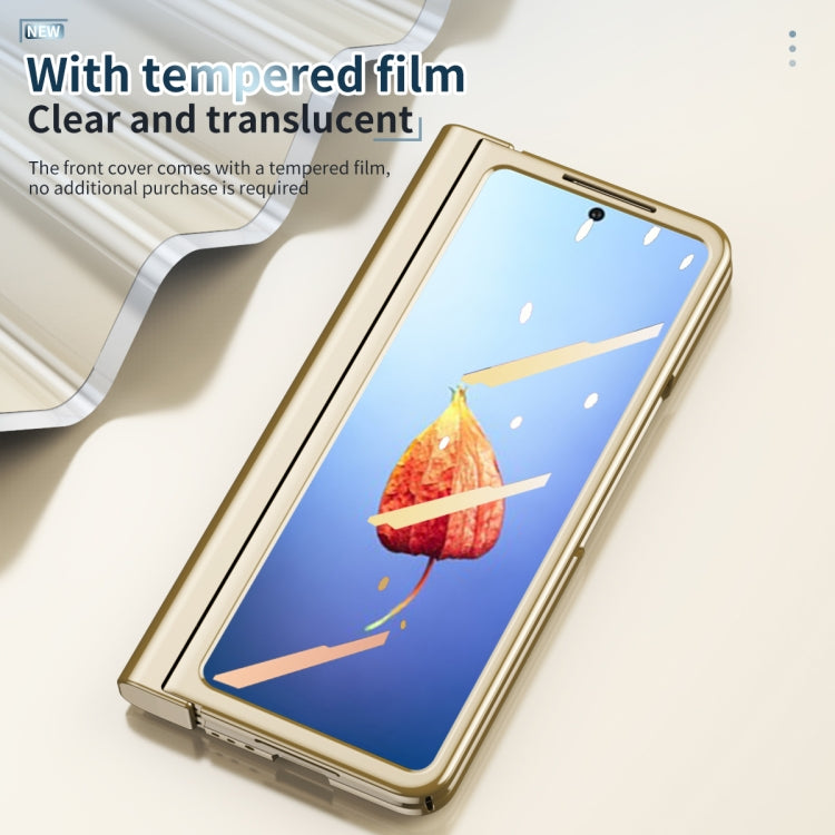 Para Samsung Galaxy Z Fold4 Estuche para teléfono con bisagra de galvanoplastia integrada de cuerpo completo con ranura para bolígrafo (Oro)