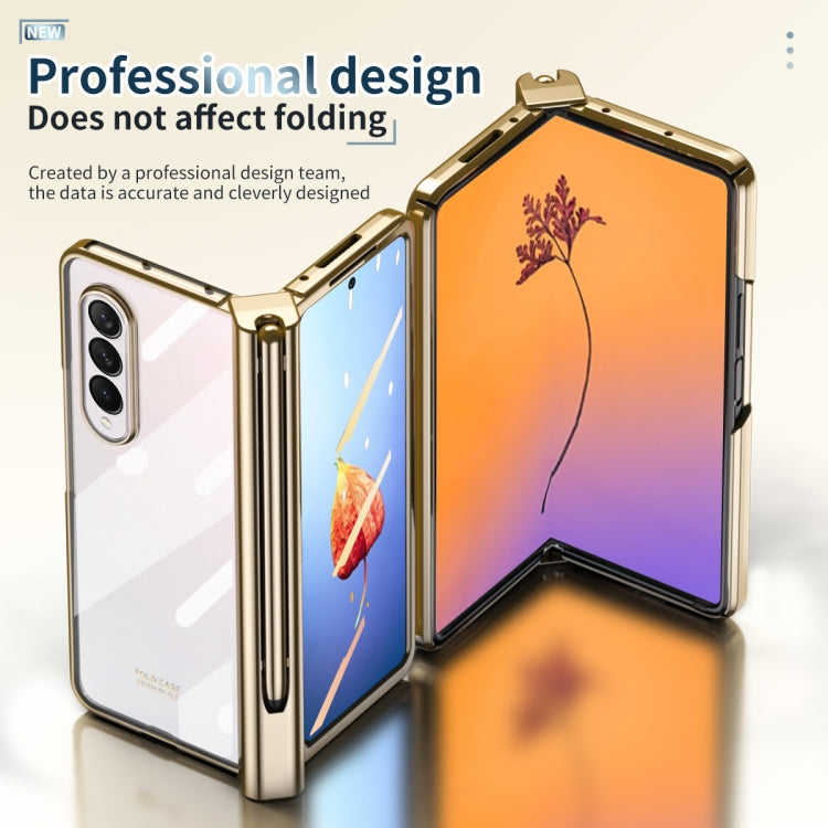 Para Samsung Galaxy Z Fold4 Estuche para teléfono con bisagra de galvanoplastia integrada de cuerpo completo con ranura para bolígrafo (Oro)