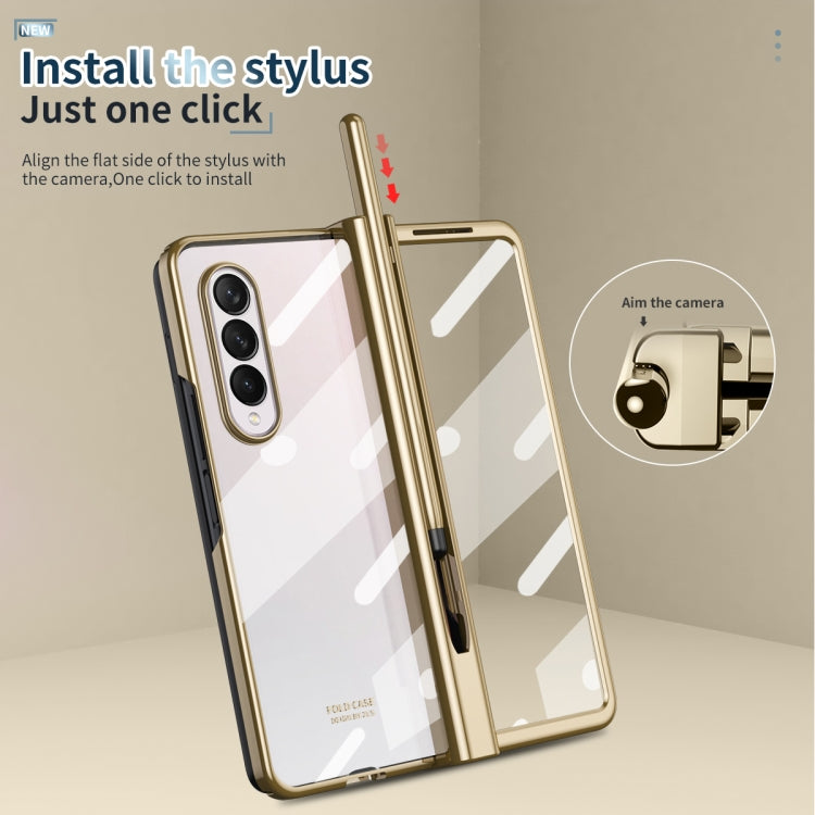 Para Samsung Galaxy Z Fold4 Estuche para teléfono con bisagra de galvanoplastia integrada de cuerpo completo con ranura para bolígrafo (Oro)