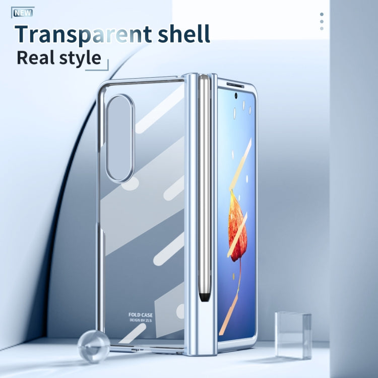 Para Samsung Galaxy Z Fold4 Estuche para teléfono con bisagra de galvanoplastia integrada de cuerpo completo con ranura para bolígrafo (Azul)