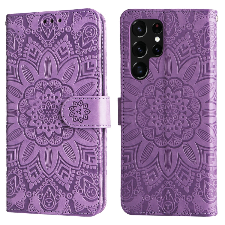 Para Samsung Galaxy S22 Ultra 5G Estuche para teléfono de cuero con estampado de girasol en relieve (púrpura)