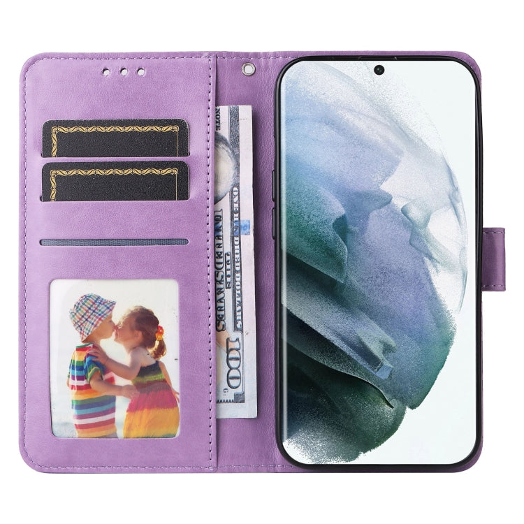 Para Samsung Galaxy S22 Ultra 5G Estuche para teléfono de cuero con estampado de girasol en relieve (púrpura)