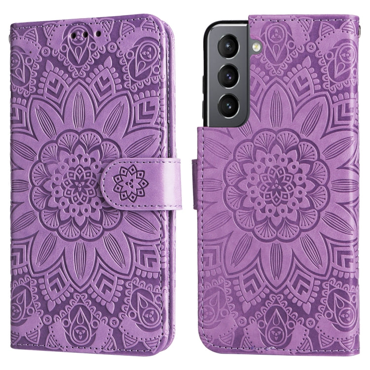 Para Samsung Galaxy S21 5G Estuche para teléfono de cuero con estampado de girasol en relieve (púrpura)