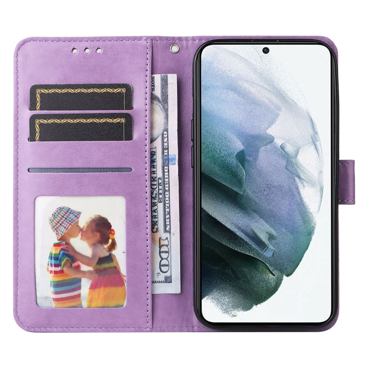 Para Samsung Galaxy S21 5G Estuche para teléfono de cuero con estampado de girasol en relieve (púrpura)